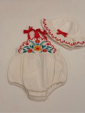 Cream Floral Embroidered Baby Romper with Matching Hat